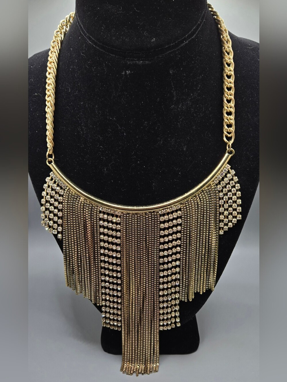 Fringe Crystal & Chain Cascade Bib Necklace - Gold Tone Statement